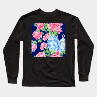 Roses in chinoiserie jar on navy blue background Long Sleeve T-Shirt